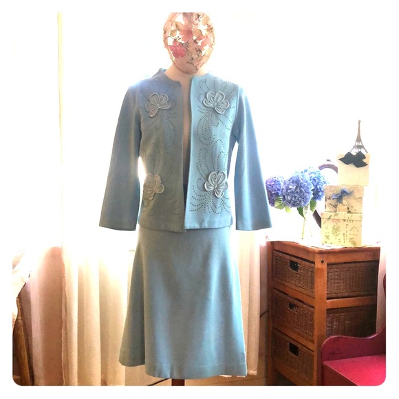 Vintage Dresses & Skirts - Vintage Knitmakers blue suit- knit with appliqués